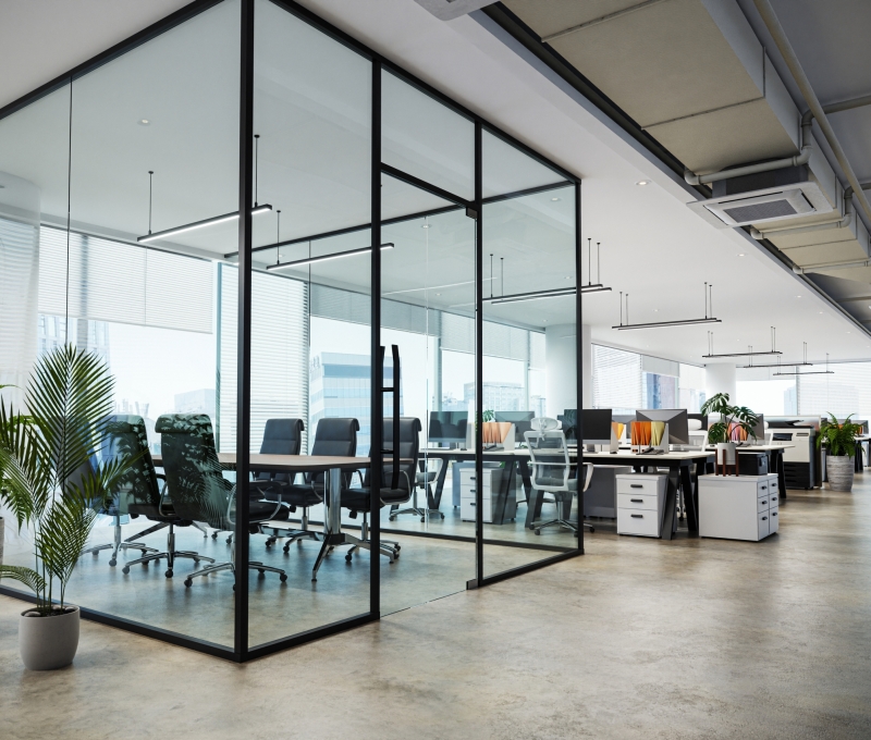 white color theme modern style office with exposed concrete floor and a lot of plant, 3d rendering